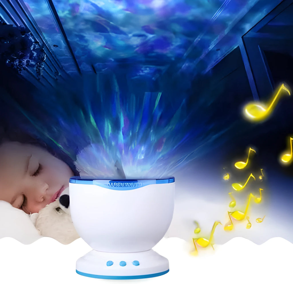 Blue Ocean LED projector lamp showing DLP trapezoidal correction for wall projection.