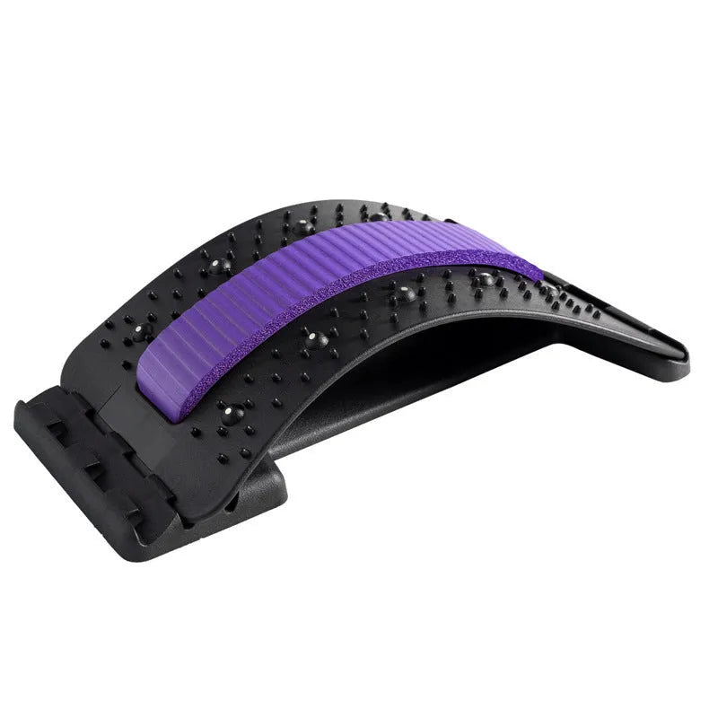 A blue and black adjustable back stretcher with 8 massage heads in a rectangular trapezoid shape for waist and back pain relief.