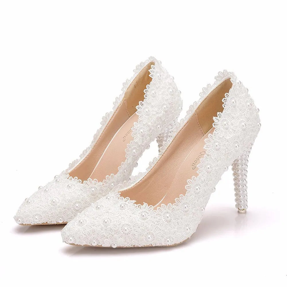 White pearl lace pointed toe stiletto heel wedding sandals with PU upper and rubber sole