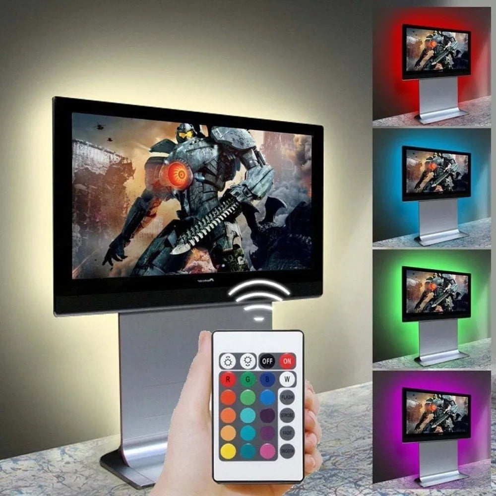 Flexible one-metre long USB LED light strip emitting blue light, coiled next to its USB power cable.