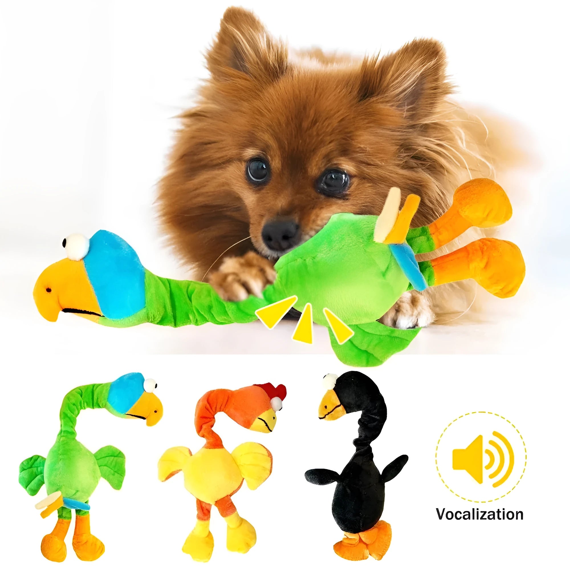 Black, green, and orange screaming chicken sound squeaky dog chew toy on a plain background