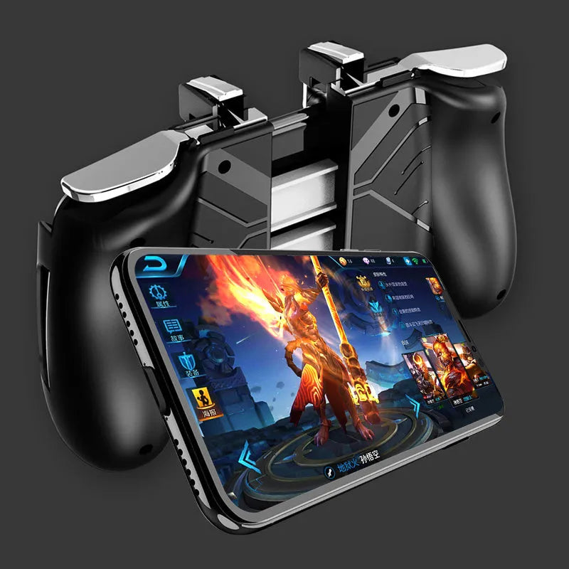 Mobile game handle with telescopic bracket attached to smartphone showing USB-C and audio ports