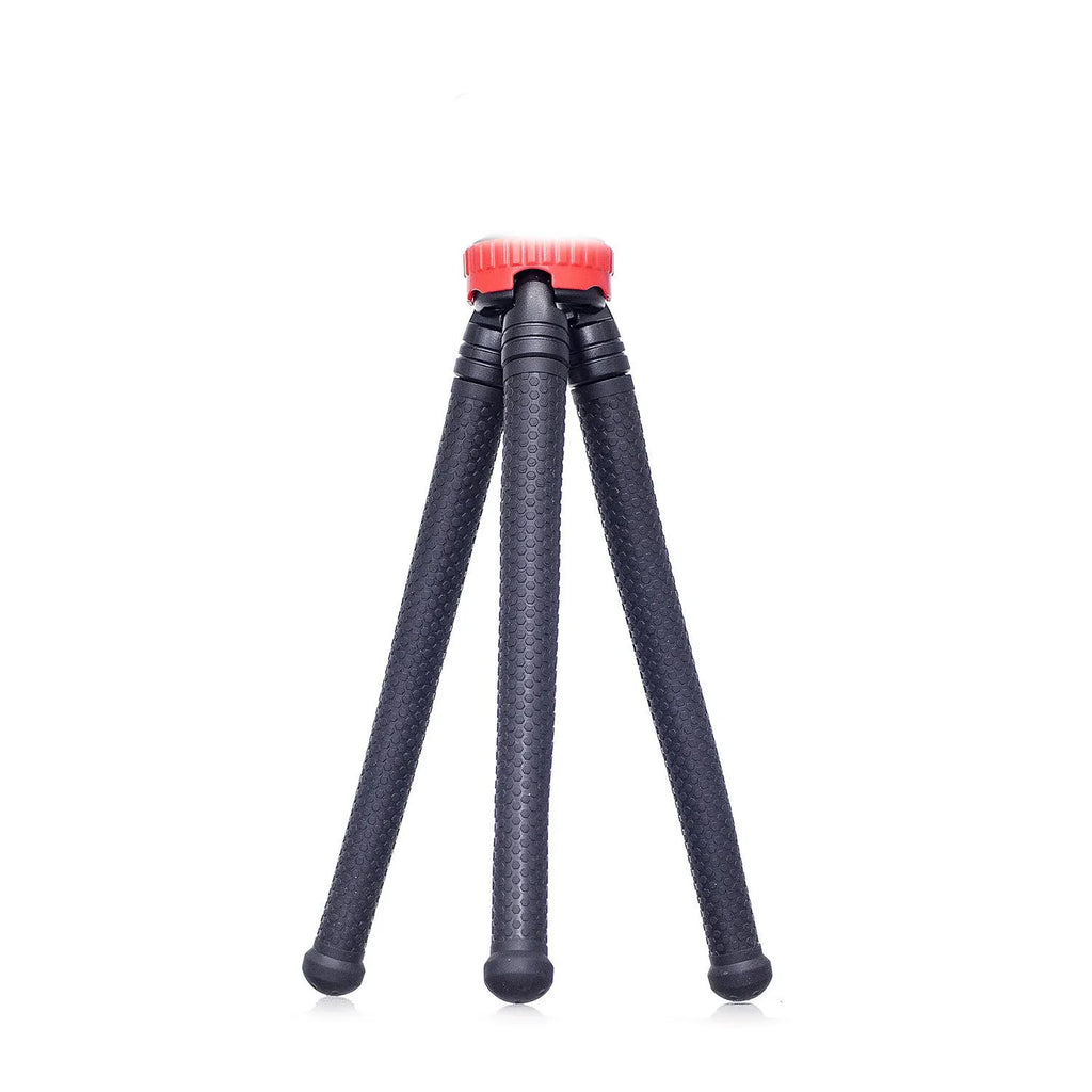 Black octopus tripod with flexible rubber legs and spherical gimbal for cameras and phones