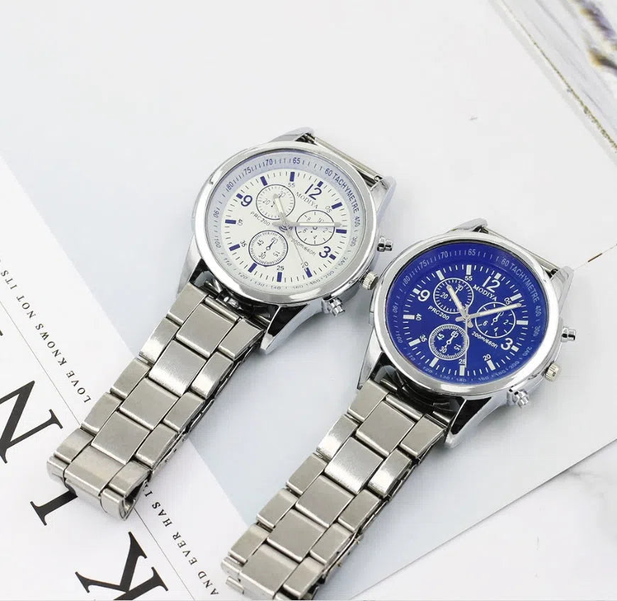 Blu-ray Gift Steel Band Watch with black dial, alloy strap, and folding buckle on a white background