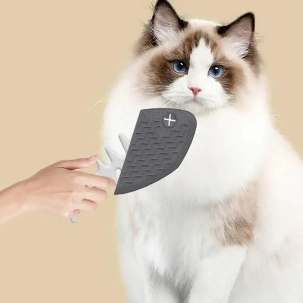 Fishbone-shaped cat brush for indoor pets, available in blue, gray, and purple colours