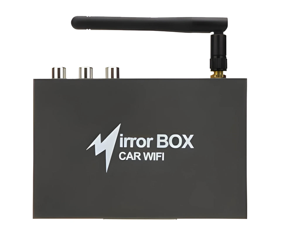 Car mirror link box with power cable, antenna and AV cables for smartphone screen mirroring