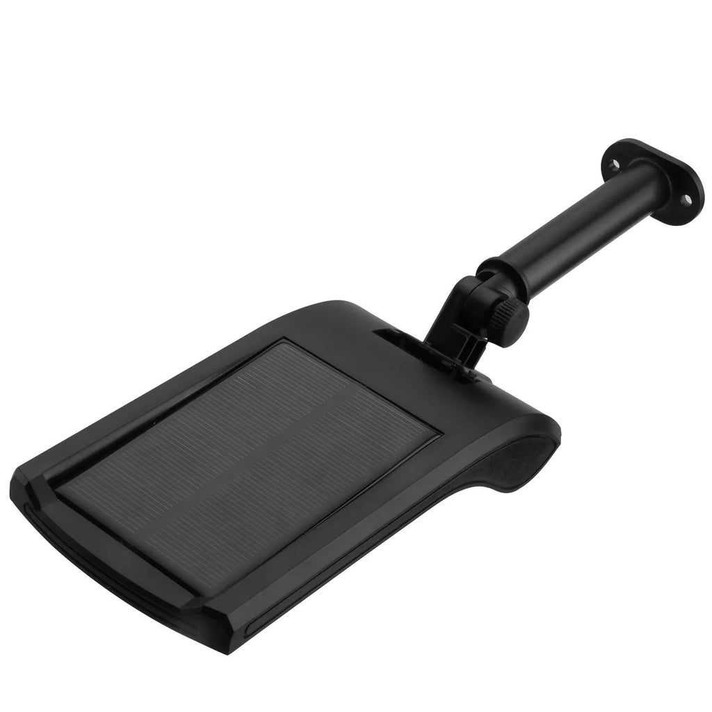 Black solar-powered outdoor wall light with motion sensor and 36 LEDs on an adjustable mount.