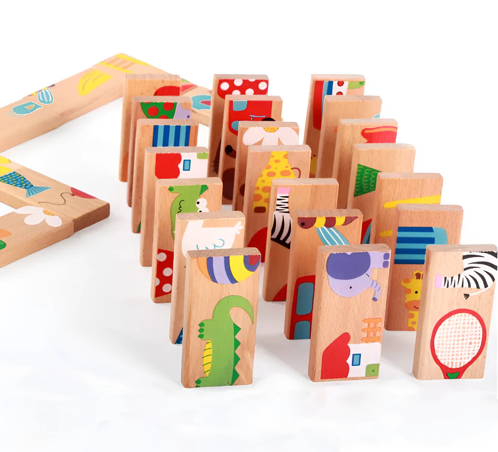 Set of 28 beech wood animal dominoes in beige colour, each 6x3 cm, displayed for puzzle solitaire or domino game