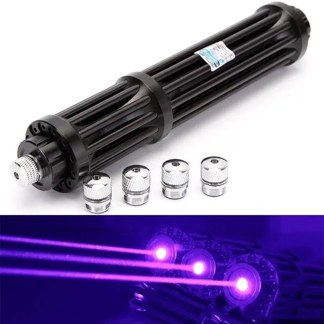 Black anodised aluminium blue laser flashlight with tail switch, shown next to an 18650 battery.
