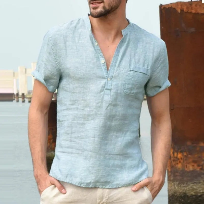 Casual linen polo shirt in Beige, Black, Dark Blue, Grey, or White, short sleeve, sizes L to 5XL
