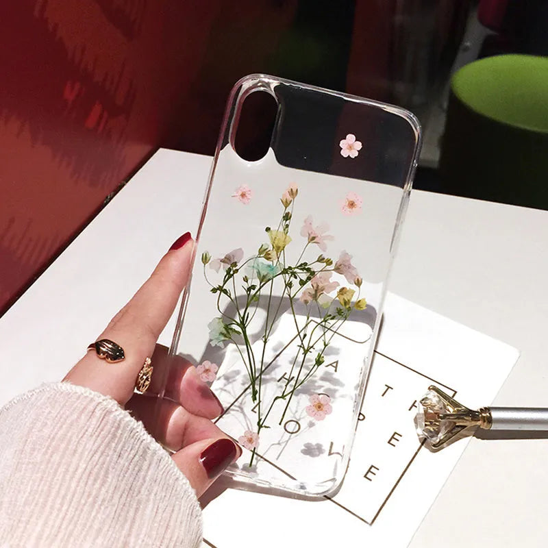 Handmade clear TPU iPhone case with real dried flowers preserved in epoxy resin