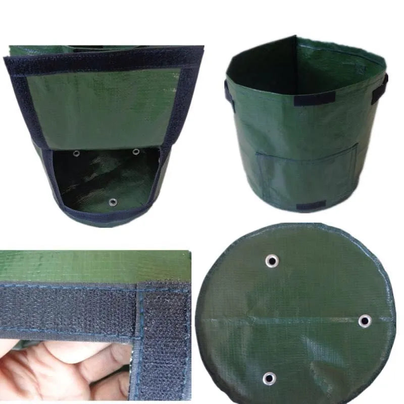 Dark green PE cloth planting bag with side windows and double handles, 34x35cm, for growing potatoes on a balcony.