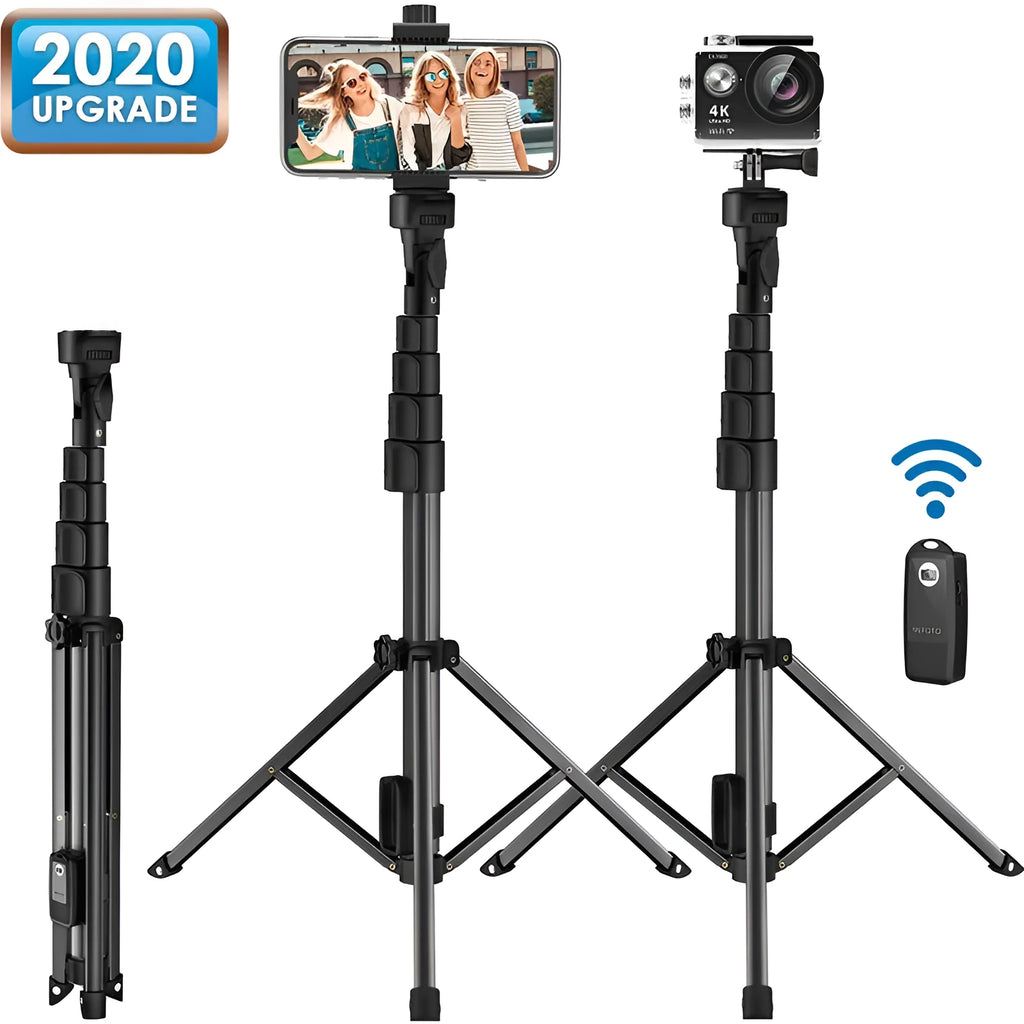 Black aluminium selfie stick tripod extended to full height with smartphone mounted