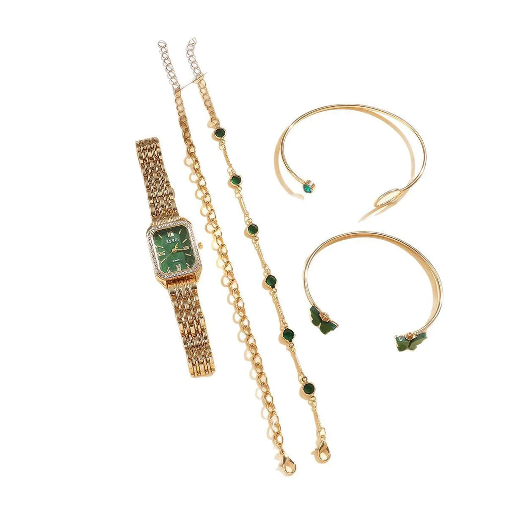 Gold green square watch and four matching bracelets jewellery set with 25mm dial