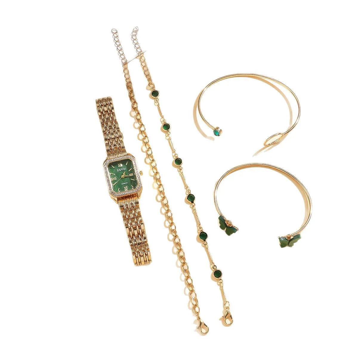 Gold green square watch and four matching bracelets jewellery set with 25mm dial