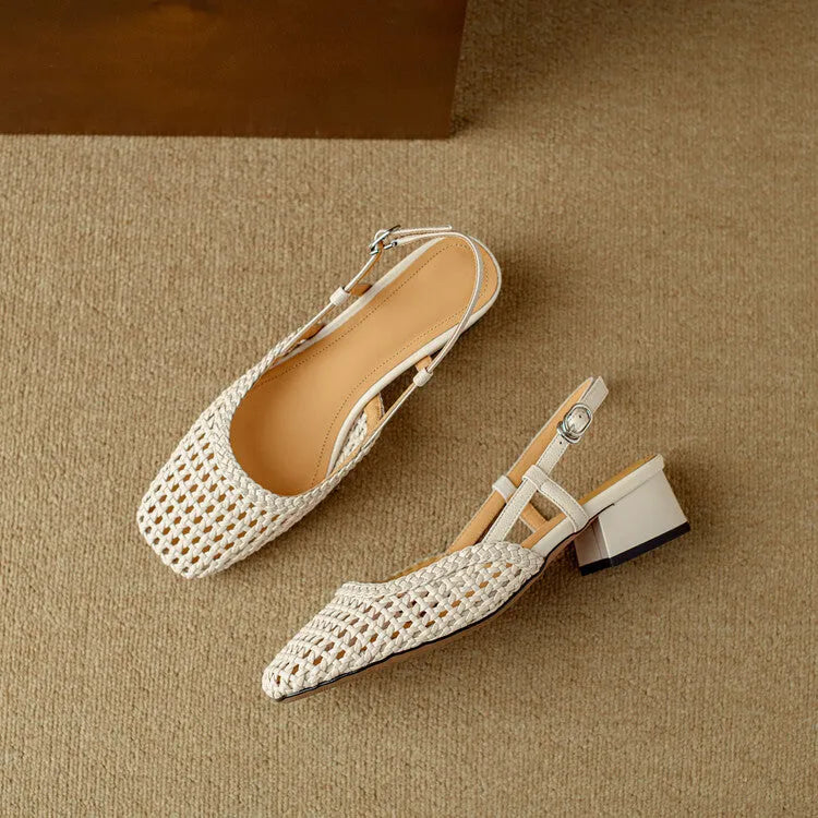 Women's beige woven closed-toe sandals with a square toe, belt buckle, and chunky 4cm heel on a rubber sole.