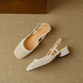 Women's beige woven closed-toe sandals with a square toe, belt buckle, and chunky 4cm heel on a rubber sole.