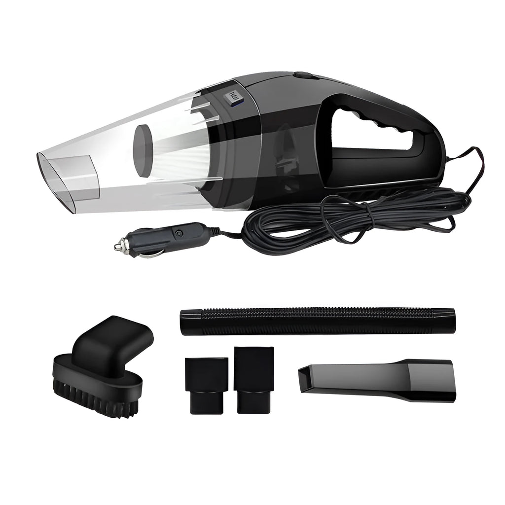 Orange handheld car vacuum cleaner with nozzle attached, showing compact design for vehicle use
