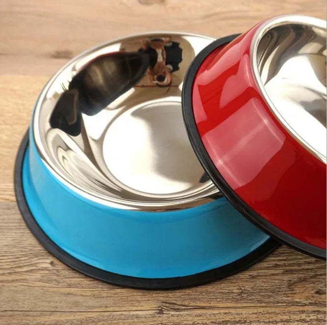 Stainless steel and melamine pet feeding bowl with non-slip base in multiple colour options
