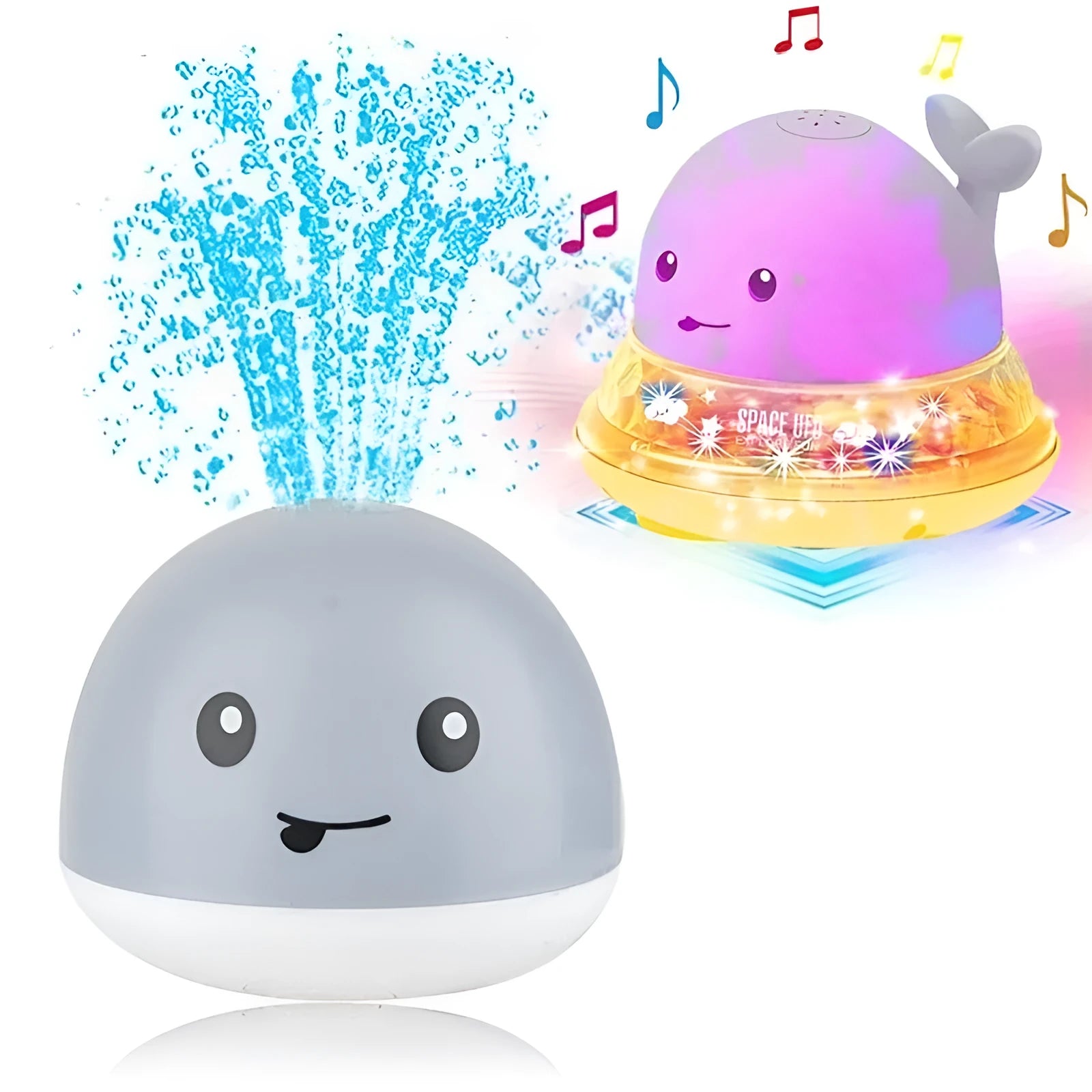 Automatic electric whale bath toy spraying water with LED lights on, floating in a baby bath.