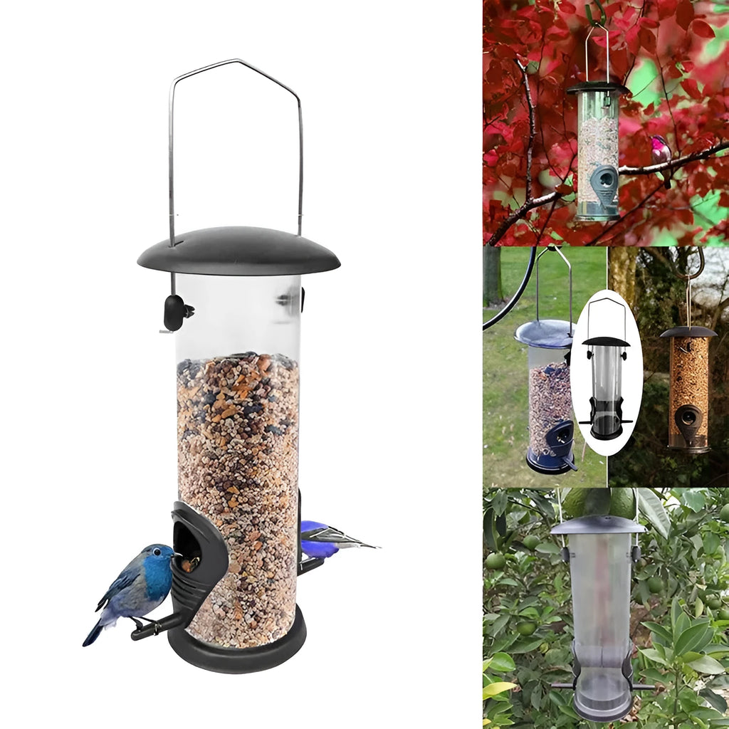 Outdoor hanging automatic bird feeder black with metal top and transparent plastic tube