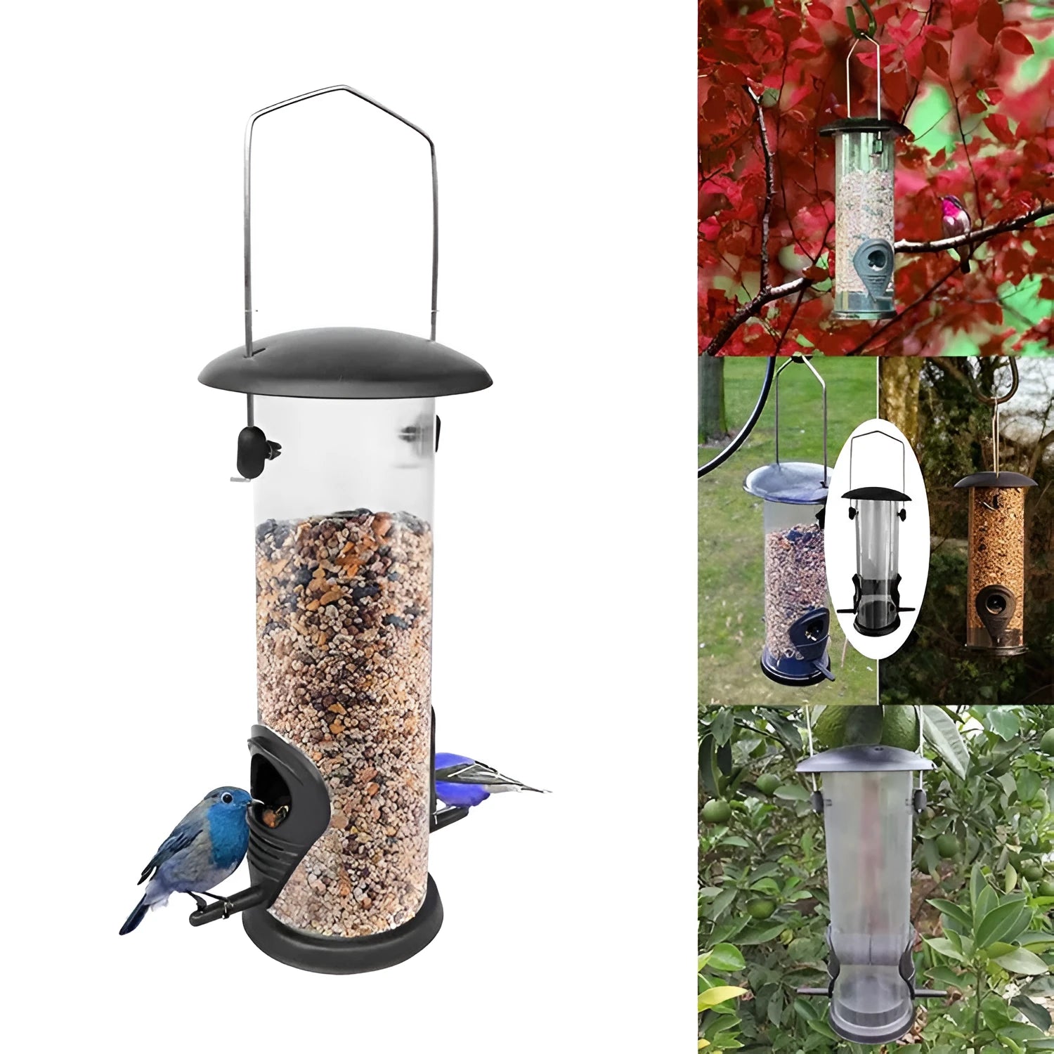 Outdoor hanging automatic bird feeder black with metal top and transparent plastic tube