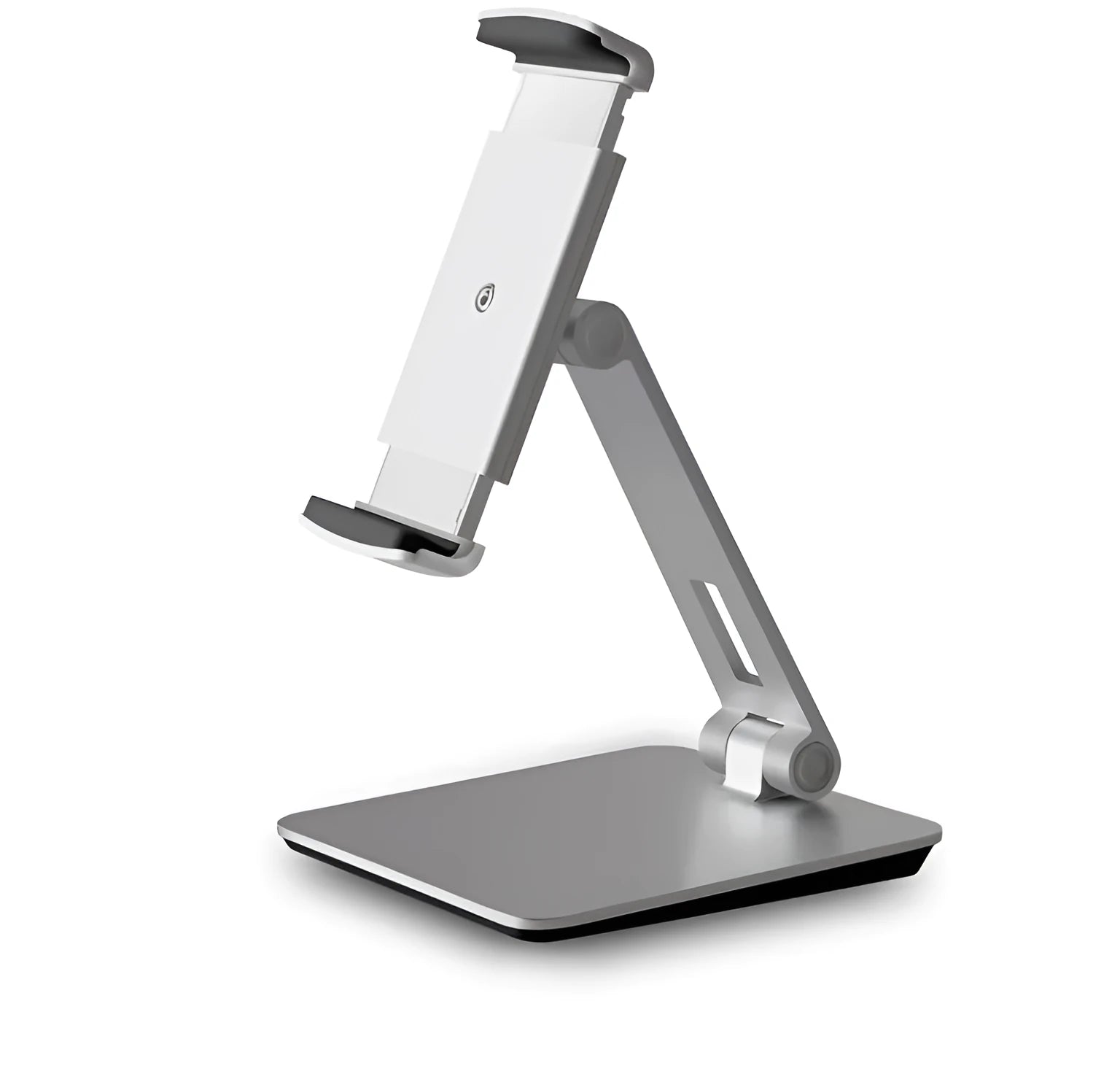 Silver aluminium folding phone and tablet stand on a desk, holding a tablet