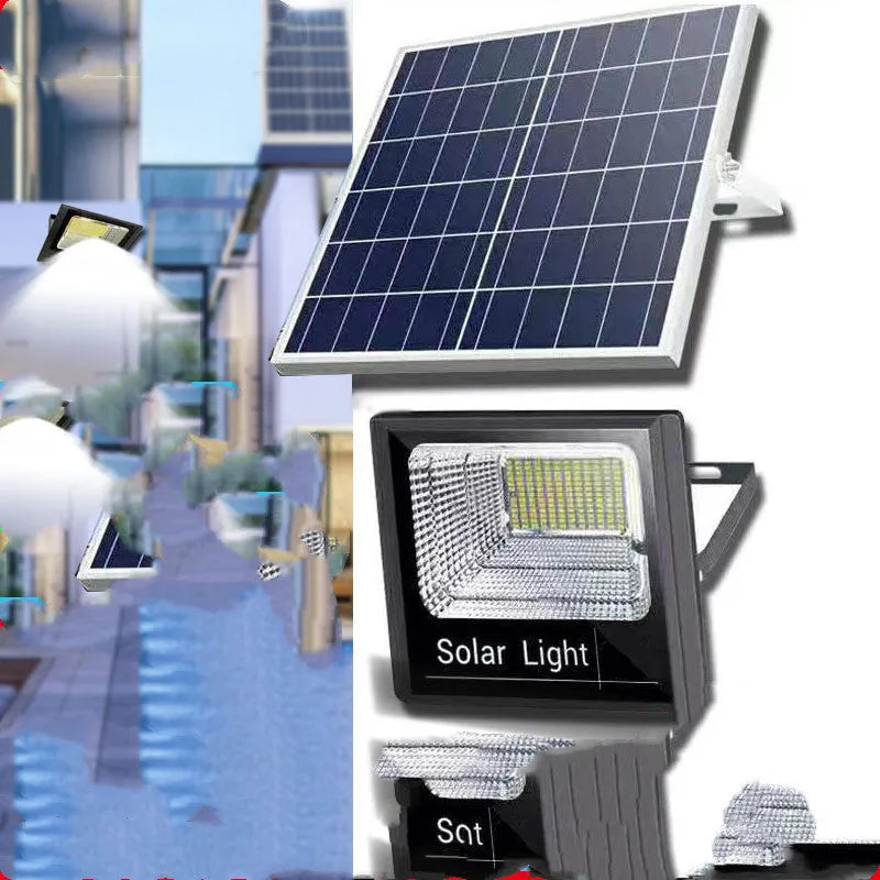 Black solar LED flood light for outdoor garden and street lighting with remote control