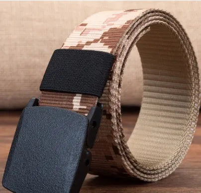 Men's hypoallergenic woven canvas belt with plastic square buckle in green, khaki, and camouflage colours