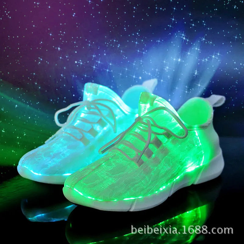 Unisex LED luminous leisure loafers with flying woven upper, EVA sole, shallow mouth, sizes 26-46, white black pink