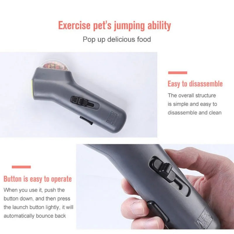 Grey compact pet snack catapult launcher on a plain background, showing the handle and trigger mechanism.