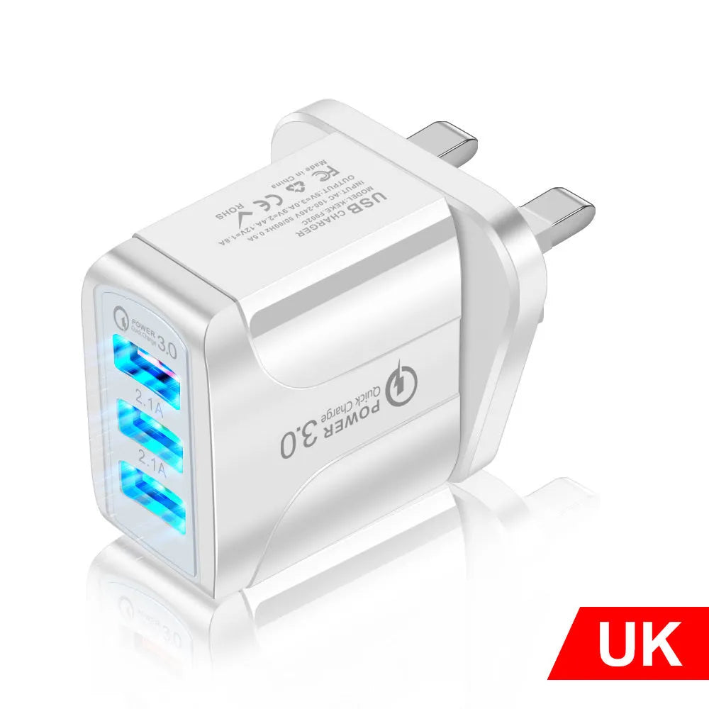 Black UK standard 3USB charger with blue LED indicator and three USB ports on the front