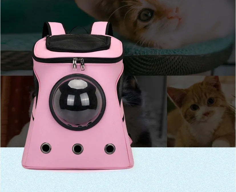 Pet space capsule backpack carrier with transparent PC window, ventilation holes, and adjustable straps in black for small cats and dogs 35x31x25 cm