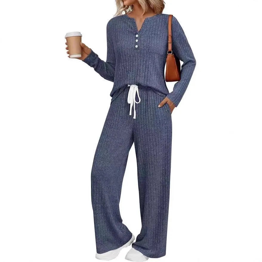 Women's striped V-neck knit casual coat with long sleeves and matching pants in light grey colour