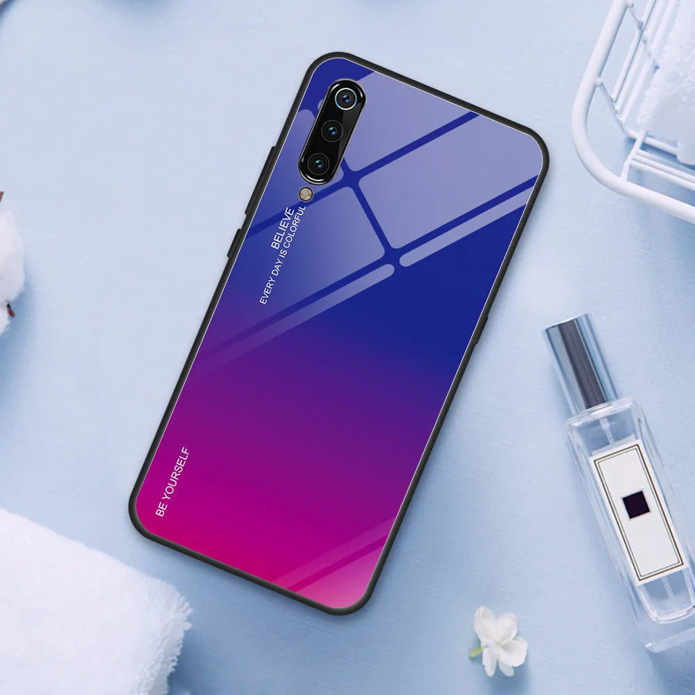 Gradient colour phone case with tempered glass back for Redmi smartphones showing colour transition