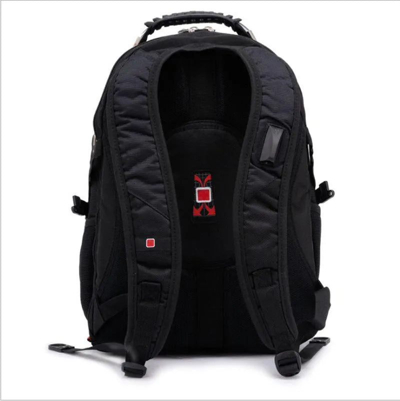 Black business computer backpack with 38-litre capacity showing three compartments for laptop organisation