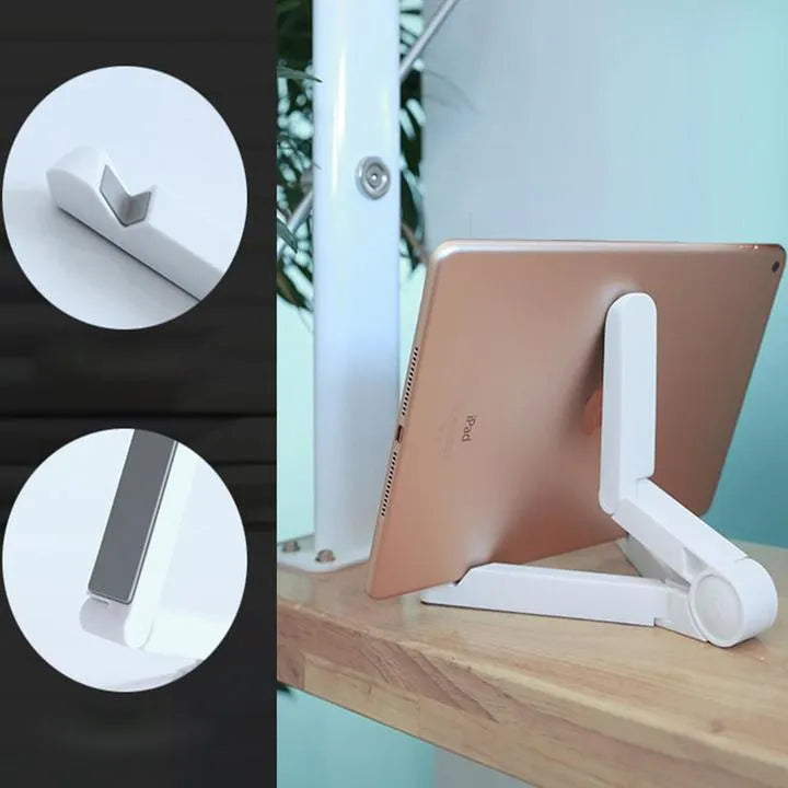 Black foldable tablet holder supporting a smartphone in landscape viewing mode on a desk.