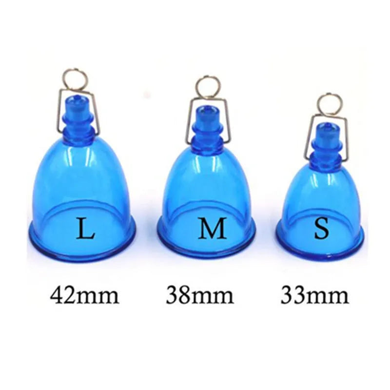 Blue silicone men's physical stretch exerciser showing small, medium, and large size options.