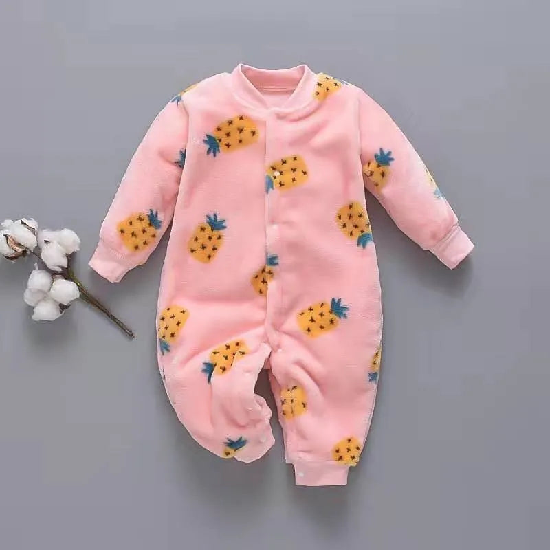 Baby wearing long sleeve flannel romper with animal print design