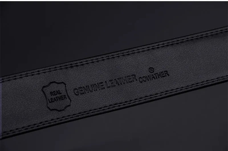 Automatic buckle two-layer cowhide belt for men, rectangular alloy buckle, black colour, standard width