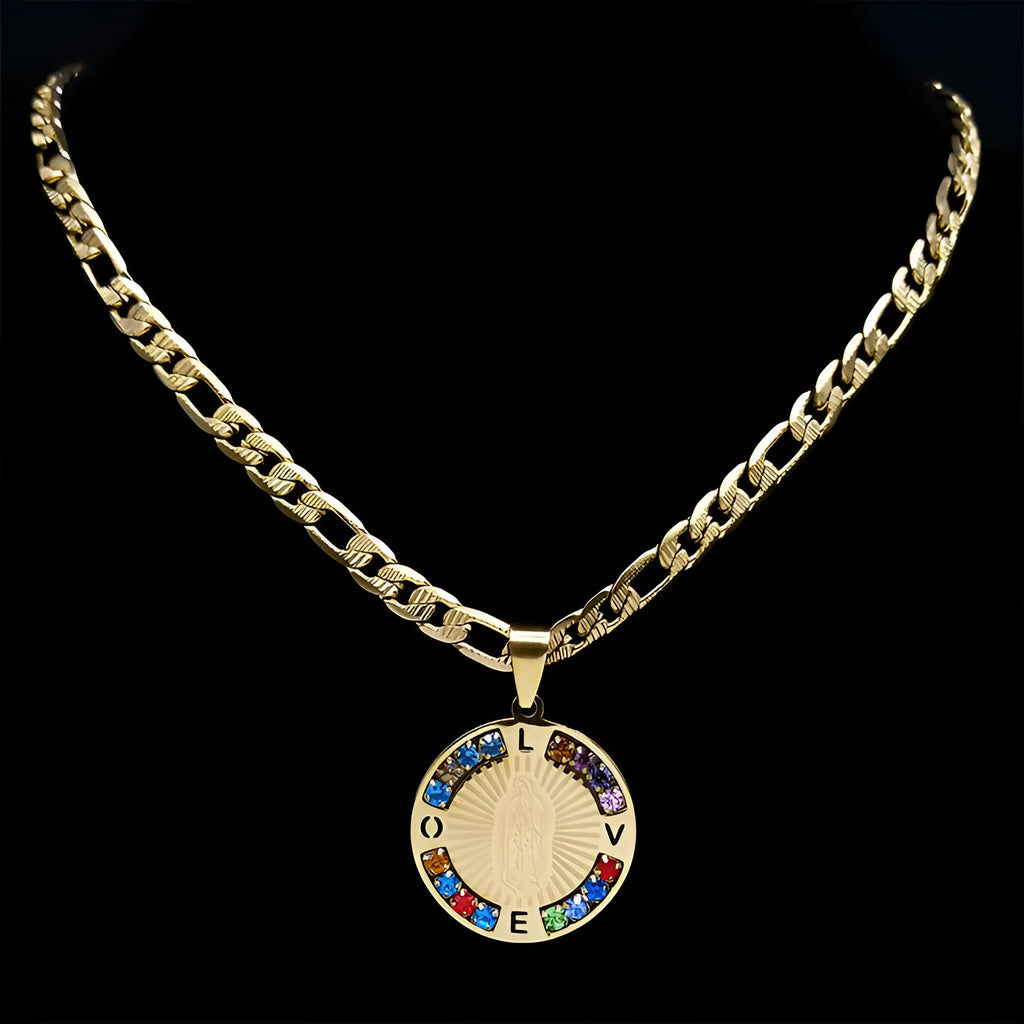 Colour crystal necklace titanium steel electroplated finish geometric shape gold and steel colour unisex