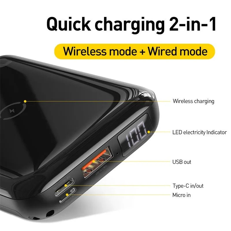 Square black wireless fast charge power bank with LED display showing battery percentage