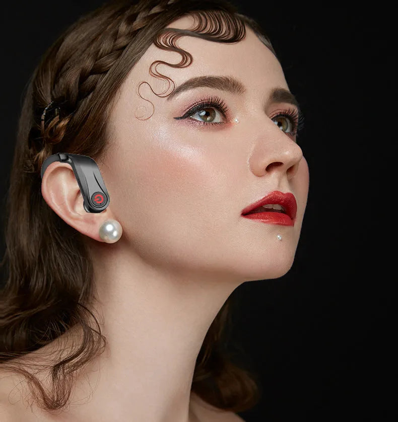 Black wireless Bluetooth earbuds headset with a 10-metre range and voice control functions.
