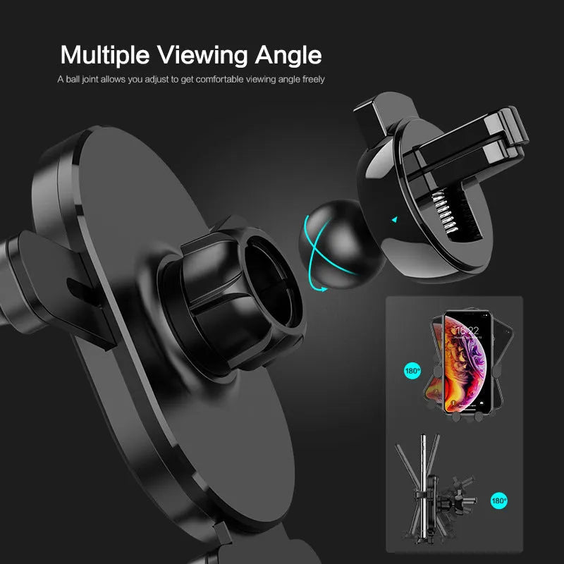 Black car phone holder with gravity bracket and 360 rotation on car dashboard