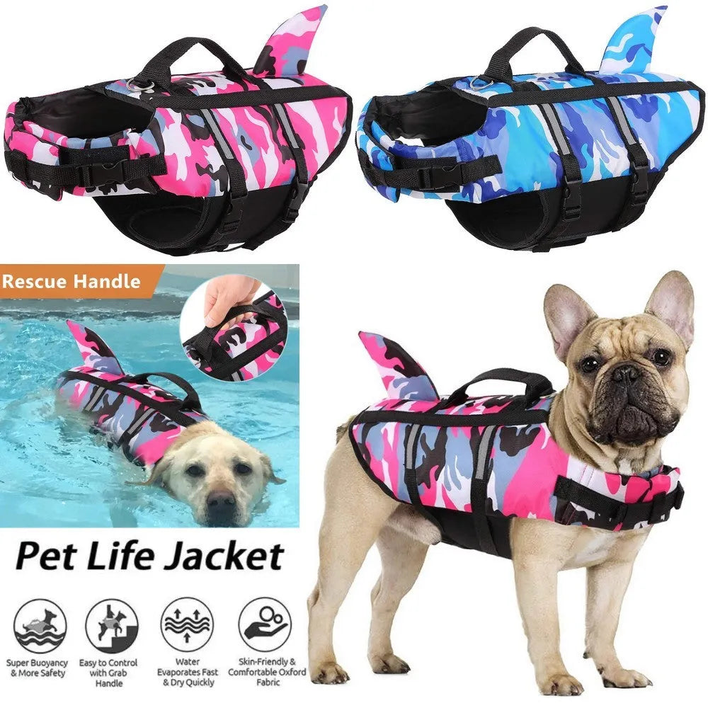 Dog lifesaving swimming suit in camouflage shark blue and rose red colours for sizes XS to XXL