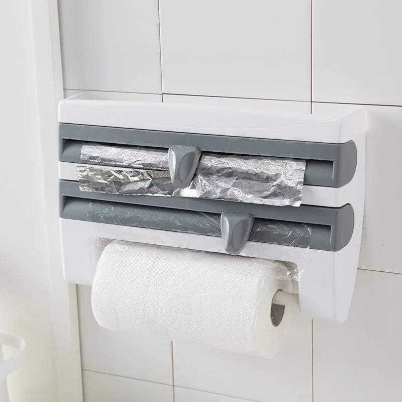 4-in-1 wall-mounted kitchen roll holder dispenser in white ABS for cling film foil and paper towel rolls