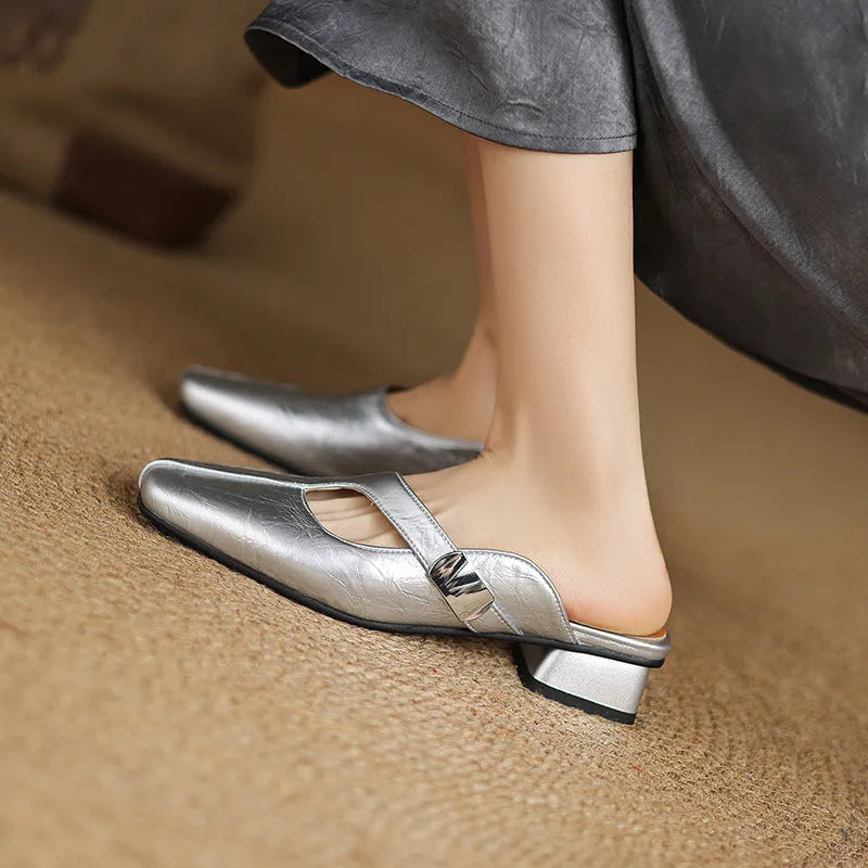 British style square toe low heel outdoor slippers in black, beige and silver colours.