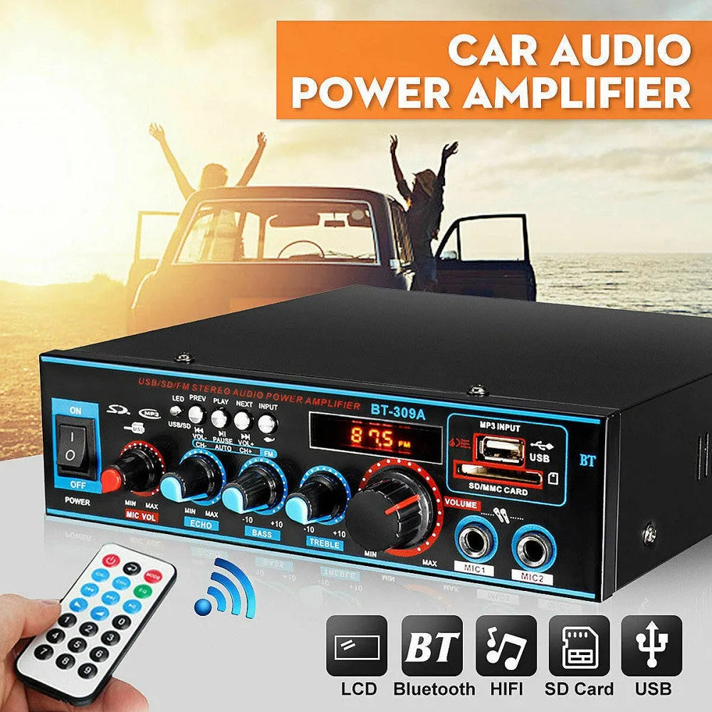 Black BT-309A-A dual-purpose home and car power amplifier with Bluetooth and FM radio.