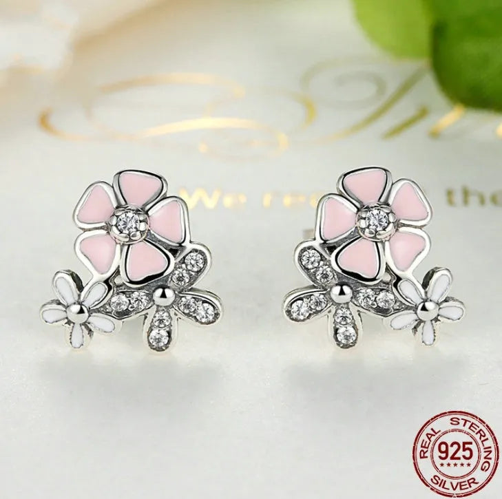 Sterling silver daisy cherry blossom earrings with bow style, 925 silver, individual packaging