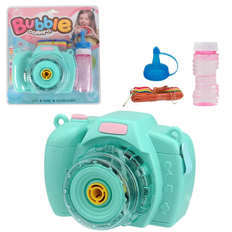 Yellow, green, red, and pink camera-shaped automatic bubble blowing toy for children on a white background.